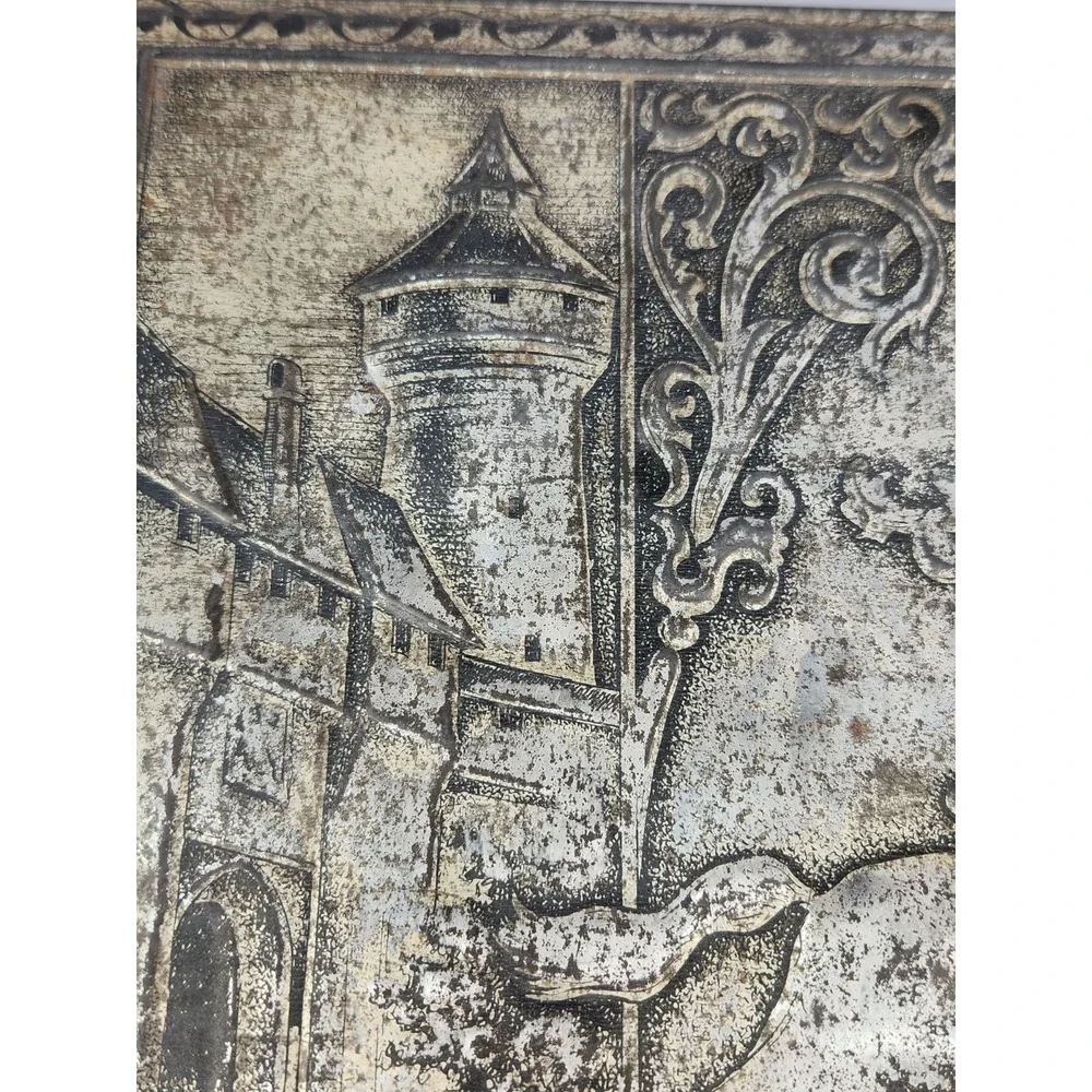 Vintage German Silver Tin Biscuit Box Knight Jousting Castles Horse History
